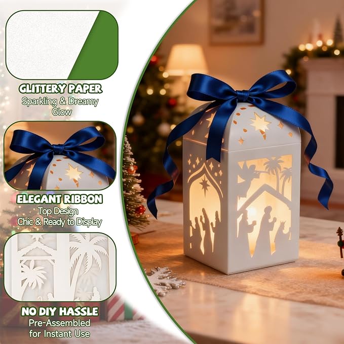 OuMuaMua Christmas Nativity Centerpiece Table Decorations, 6 Pcs Light Up Nativity Scene Paper Lanterns Decorative Glitter Table Centerpiece Boxes for Religious Xmas Holiday Party Home Decor