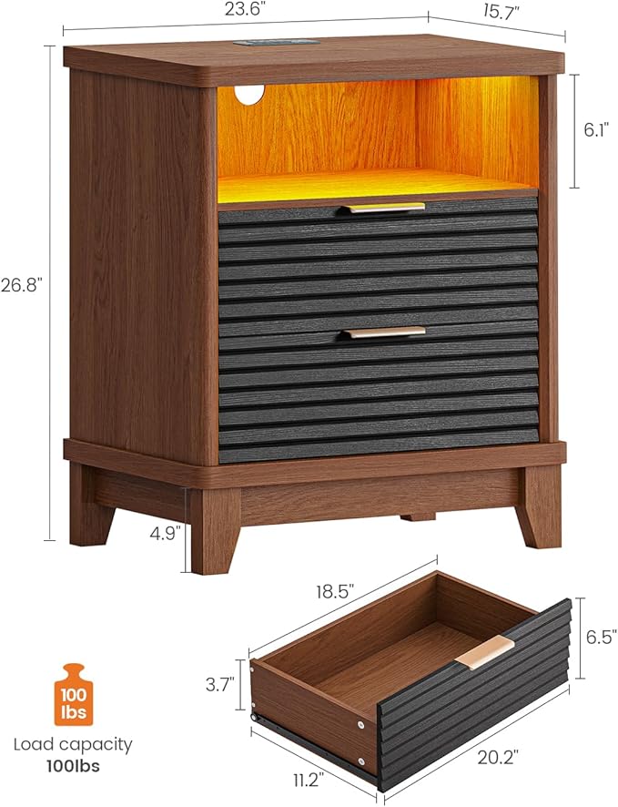 AOGLLATI Fluted Night Stand with Charging Station and 2 Drawers, Black Nightstands Beside Table with Open Storage and Led Lights,Retro End Side Table for Bedroom (1, Black)