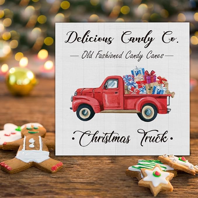 Rustic Christmas Decorations, Red Christmas Truck Wooden Sign Decor, Farmhouse Christmas Wooden Block Sign, Indoor Christmas Decor for Table Shelf 5 x 5 Inch
