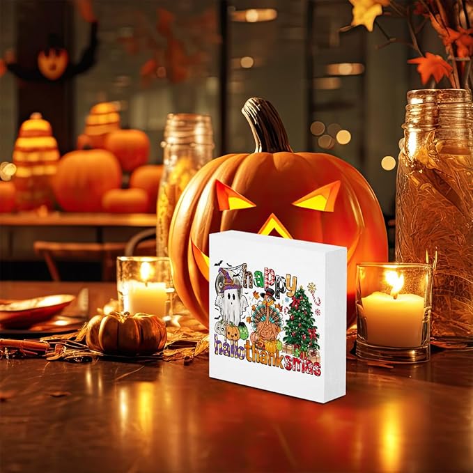Happy Hallothanksmas Ghost Turkey And Tree Desk Decor Rustic Wooden Box Pumpkin Decor Thanksgiving Halloween Christmas Decorations Farmhouse Decor Harvest Autumn Wood Sign for Home Shelf Tiered Tray