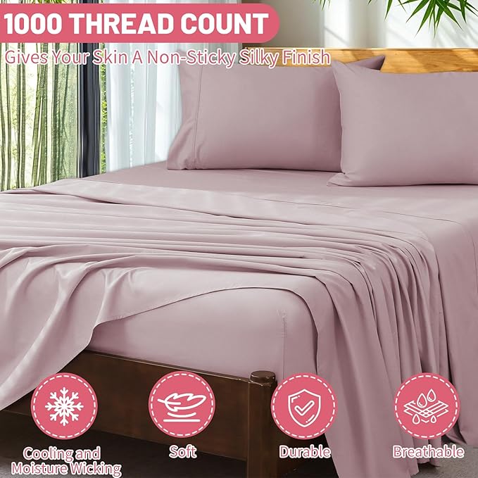 Extra Deep Pocket California King Sheets 18-24 Inch 100% Egyptian Cotton 1000 Thread Count Sateen Weave Soft Breathable 4 Pieces(California King,Light Pink)