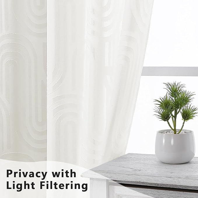 Simplebrand Sheer Ivory Curtains 72 Inches Long 2 Panels for Window, Geometric Mid Century Light Filtering Semi Sheer Curtains for Front Back Patio Glass Door with Rod Pocket, 42" Wx72 L