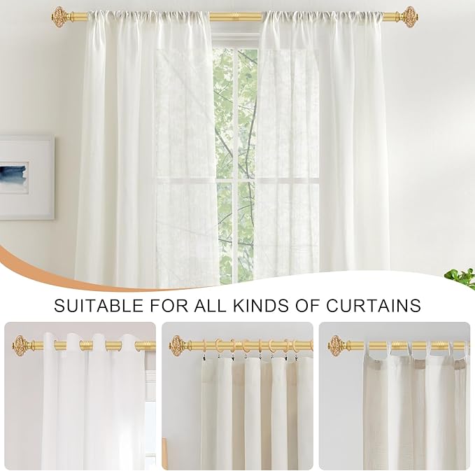 2 Pack Gold Curtain Rods for Windows 48 to 84 Inch, Decorative Vintage Crystal 1'' Diameter Curtain Rod with Gold Foil Finials, Adjustable Heavy Duty Easy Install Drapery Pole Set for Farmhouse