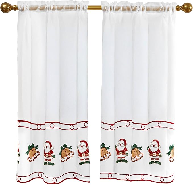 Deconovo Christmas Kitchen Tier Curtains, Embroidered Cafe Tiers, Semi Sheer Window Treatment with Rod Pocket, Light Filtering for Small Windows, Door & Sink Areas, 28W x 36L, Santa Claus, 2 Panels