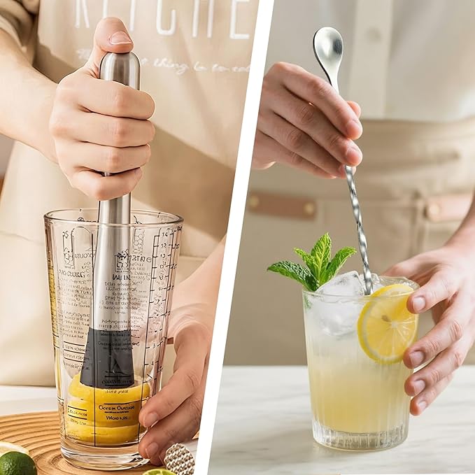 2Pcs 10'' Muddler and Spoon Set for Cocktails 304 Stainless Steel Fruit Smasher Home Bar Bartender Accessories Stirrers Mixing Tools for Mojitos Drinks Lemonade Stand Supplies