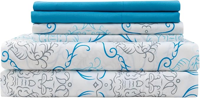 Queen Size Bed Sheets Set Deep Pockets - 6PC Floral Ultra Soft Microfiber Bed Sheets - Easy to Clean, 90 Thread Count Sheets with Fitted Sheet, Flat Sheet & Pillowcases (Turquoise Medallion)