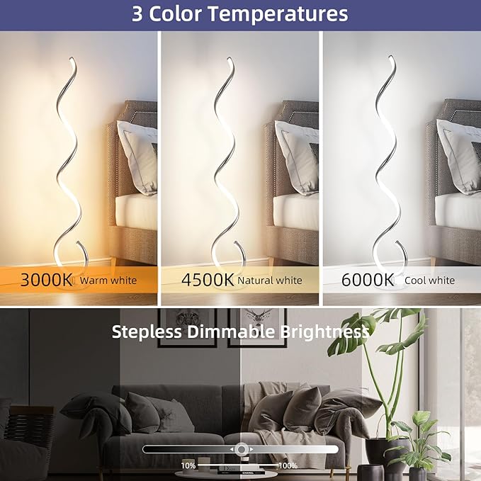 ADISUN LED Modern Floor Lamp for Living Room, Spiral Floor Lamp for Bedroom, 48W Dimmable Floor Lamps for Living Room Office Dining Room-Silver Remote Control