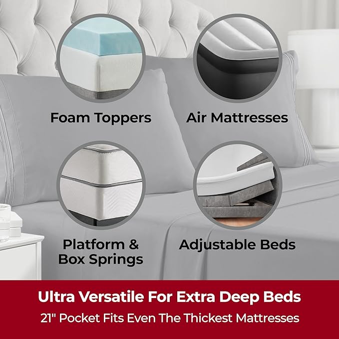 Mellanni Extra Deep Queen Sheets - 4 PC Iconic Collection Bedding - Hotel Luxury, Ultra Soft, Cooling Bed Sheets - Wrinkle, Fade, Stain Resistant (Queen, Gray)