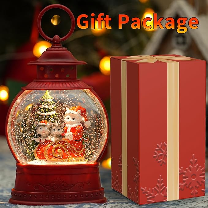 Christmas Santa Snow Globes, Cat Family Musical Snow Globe Light up Swirling Glitter Snow Globe Red Lantern with Timer, Christmas Tree Holiday Party Gifts and Decorations, USB & Battery Operated