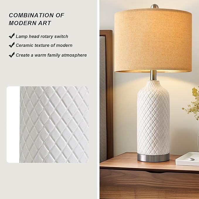 24.25" Modern White Ceramic Table Lamps Set of 2, Boho Farmhouse Bedside Lamps with White Linen Shades, Perfect for Living Room, Bedroom Nightstands, and End Tables
