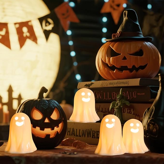 2 Pack Halloween Small Cute Ceramic Ghost Figurine Table Decor, 5.9" Ghost Figurines Decoration Family Statue Ghost Display Table Tray Fireplace Decorations, Halloween Tabletop Figurines Gift for Kids