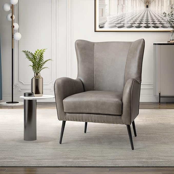HULALA Home Faux Leather Accent Chair w/Removable Cushion, Comfy Upholstered Armchair with Black Metal Legs & Nailhead Trim Wingback Vanity Chair Desk Chair for Reading Living Room Bedroom, Grey