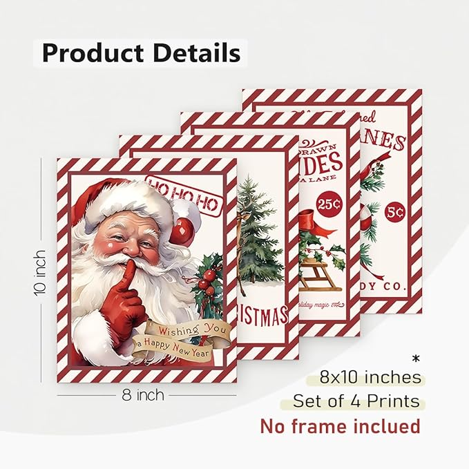 PLKMN Vintage Christmas Decor, Christmas Wall Art Prints Set of 4, Retro Christmas Santa Claus Wall Art Decor for Gallery Living Room Bathroom, 8x10 (Unframed)