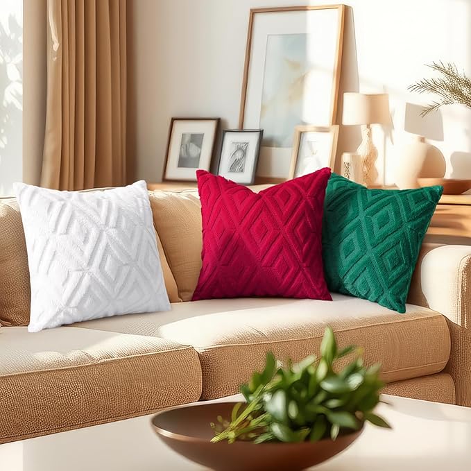 decorUhome Christmas Couch Throw Pillow Covers 18x18 Set of 2, Decorative Soft Plush Faux Wool Neutral Accent Pillow Covers for Bed Sofa Living Room, Red