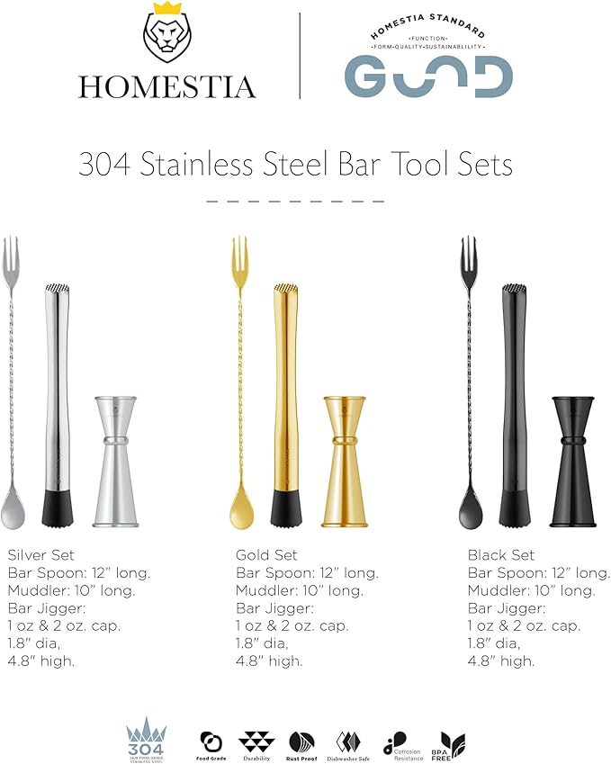 Homestia 3 Pcs Muddler for Cocktails Set, 10'' Muddler, 12'' Cocktail Spoon & 1 OZ/2 OZ Double Jigger Mixing Tool Set, Stainless Steel Silver Bar Tool Set for Beverages Drinks Mixing Home Bar