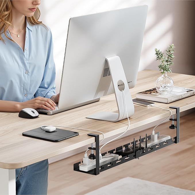 ARES WING 17"-28.7" Extendable Under Desk Cable Management Tray with Cable Slots, Clamp On Cord Organizer Holds Up to 11 lbs, Black Metal Under Desk Storage for Office and Gaming Accessories