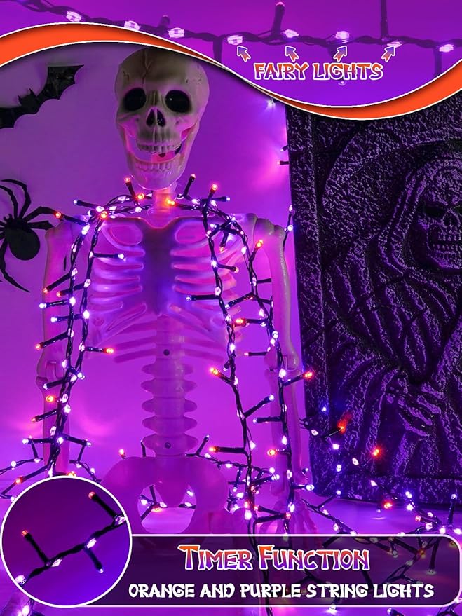 33FT 800 LED Halloween Slow Twinkle Cluster Lights, Firecracker Fairy Lights with 15 Modes & Timer Function, Waterproof String Lights for Indoor Outdoor Tree Halloween Decorations, Orange and Purple