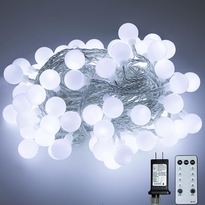 Ogrmar 49 ft 100 LED Globe Ball String Lights 8 Modes Fairy String Lights with Remote, Timer Function & Connectable for Indoor Outdoor Wedding Birthday Christmas Tree Garden Decor (100, White)