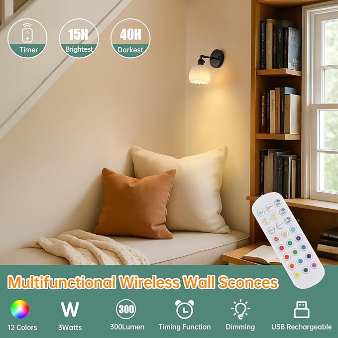 Vintage Battery Operated Wall Sconce with Cute White Tulip Glass Lampshade Wireless Rechargeable Battery Powered Black Wall Light with Remote Control for Bedside Bedroom Doorway