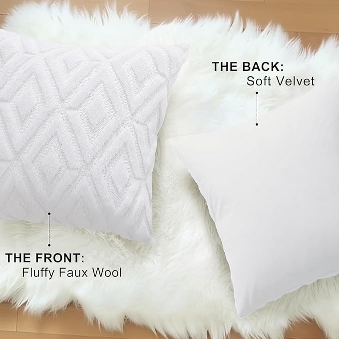 decorUhome Couch Throw Pillow Covers 26x26 Set of 2, Decorative Soft Plush Faux Wool Neutral Accent Pillow Covers for Bed Sofa Living Room, Pure White