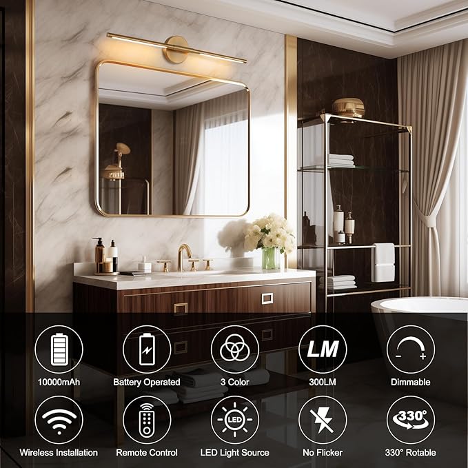 Wireless Battery Operated Wall Sconces with Remote, Gold Rechargeable Led Wall Lights Set of Two, Cordless Dimmable Battery Powered Wall Lamp Decor for Bedroom Living Room, 3 Color, 28 Inch
