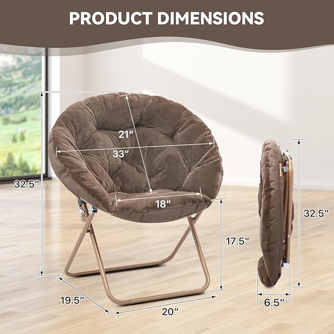 Magshion Saucer Chair for Adults, Comfy Living Room Lounge Chair for Bedroom Corner, Dorm, Apartment, Faux Fur Fluffy Circle Accent Seat with Thick Padded & Folding Metal Frame (Beige)