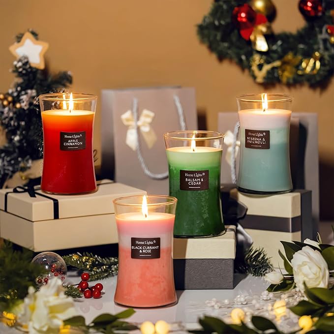 HomeLights 3-Layer Highly Scented Candles - Balsam & Cedar, Hourglass Large Jar Candles for Home - Burns Up to 100 Hours, Natural Soy Wax, Wooden Lid, 21.52 OZ