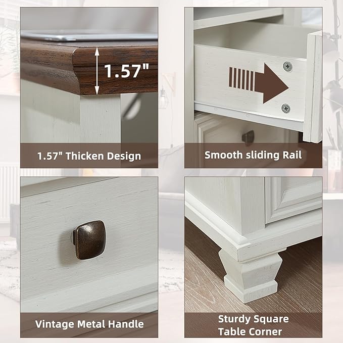 Farmhouse Nightstand Set of 2 with Charging Station, Rustic White Nightstand,2 Drawers End Table for Living Room,Bedside Table with Open Shelf for Bed Room,White