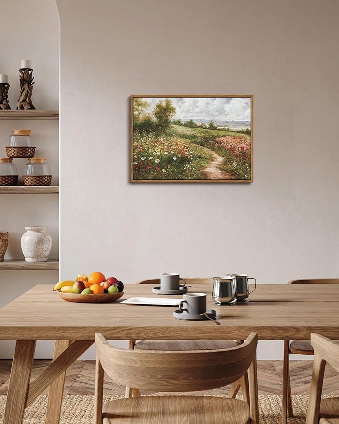 KISSFOX Vintage Landscape Framed Wall Art Spring Rustic Pathway Flower Field Canvas Art Natural Countryside Paintings Artwork Farmhouse Art Prints For Bedroom Bathroom Living Room