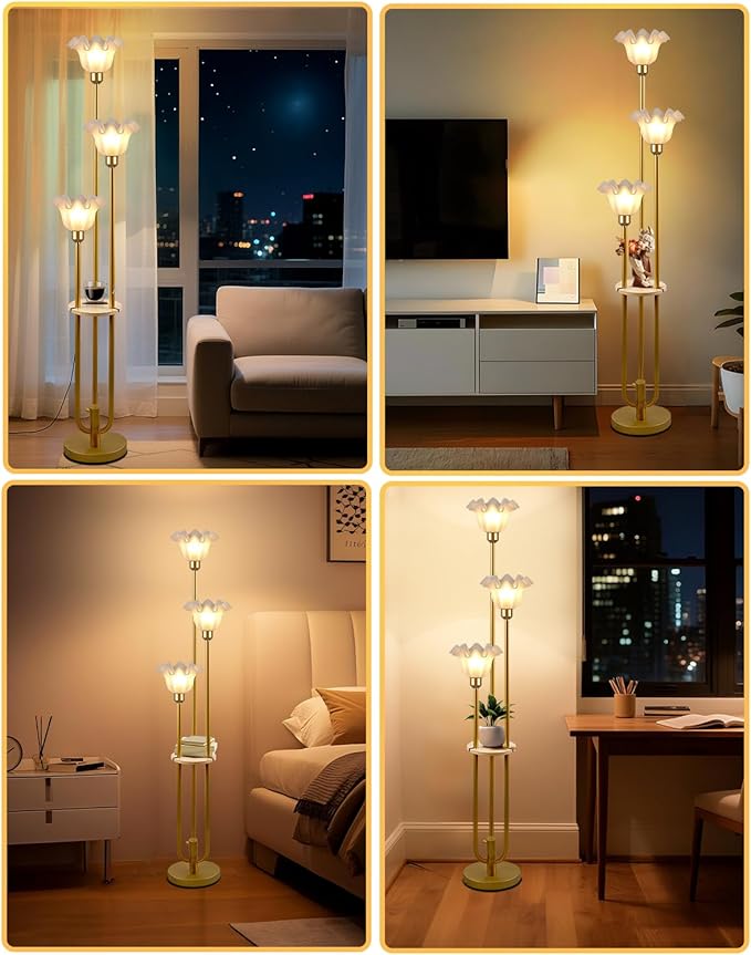 Lightdot Flower Floor Lamp for Living Room, Dimmable Vintage Floor Lamp with Shelf &3 LED Bulbs, 3 Light 3000K Soft Warmwhite Mid Century Gold Standing Lamp, Floral Tall Lamp for Bedroom Office
