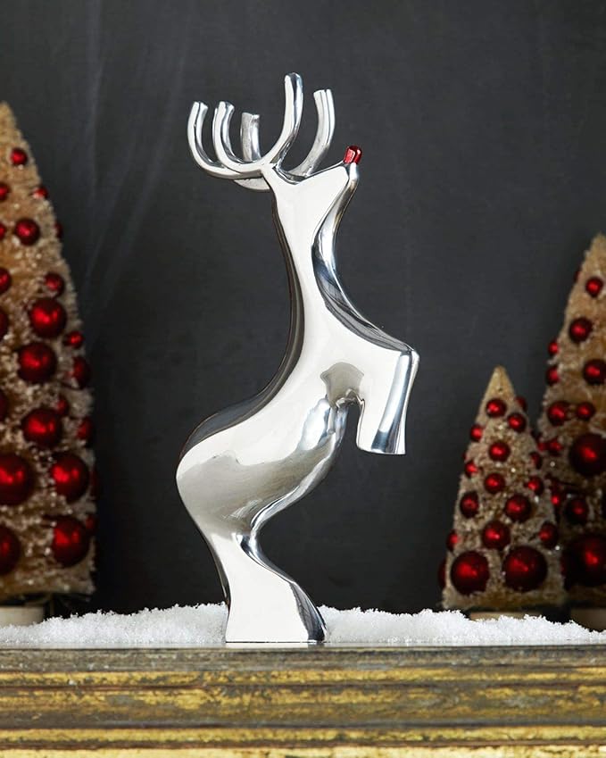 Nambé Red-Nosed Reindeer Holiday Sculpture – Christmas Tabletop Figurine by Alvaro Uribe, Polished Alloy Display for Mantel, Pairs with Sleigh and Reindeer Sets, 9.5” Tall Collectible Decor