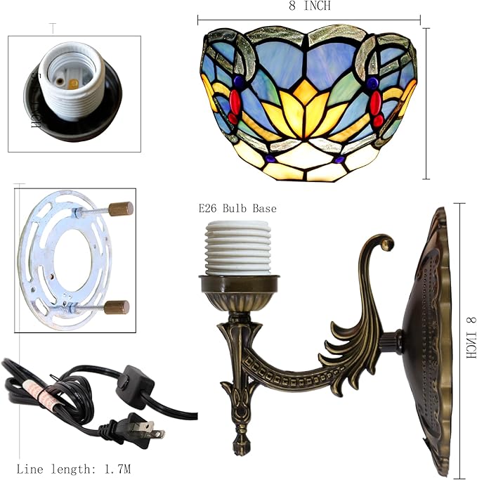 Tiffany Wall Sconce Lamp Blue Stained Glass Flower Style 8X10.5X11 Inch Plug in Wall Bedside Light for Hallway Bedroom (Blue Lotus Style)