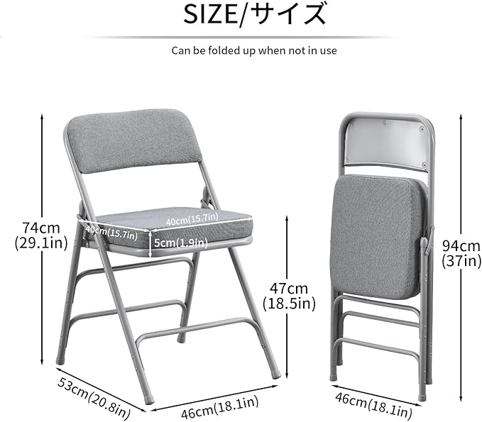 KAIHAOWIN Padded Folding Chairs Upholstered Single Foldable Chair with Ultra Thick Padded Seat Comfortable Metal Chairs Indoor with Comfortable Fabric Cushion for Indoor-Grey