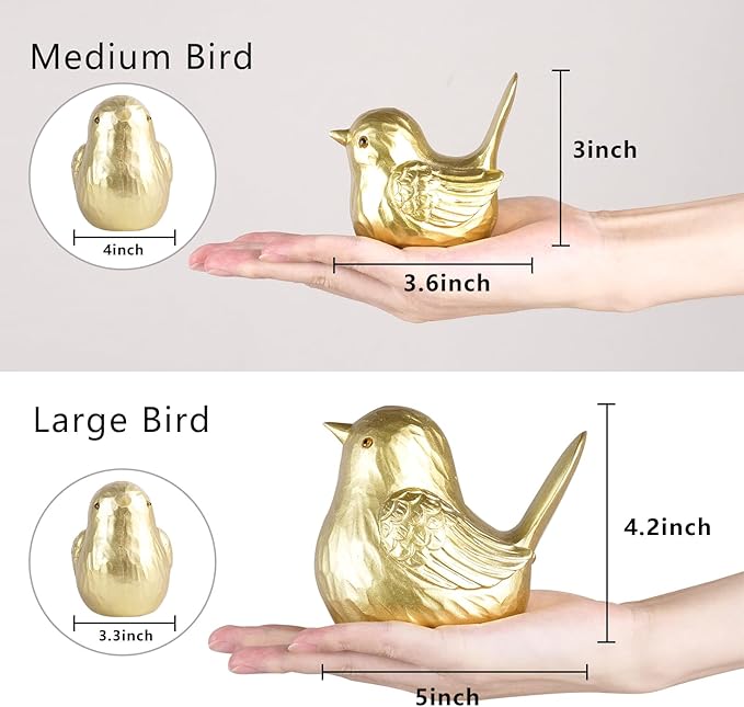 Small Bird Statue Home Decor - Gold Bird Figurines Decorative Ornaments for Living Room, Bedroom, Office Desktop, Cute Country Decor (Gold, 1B & 2S)