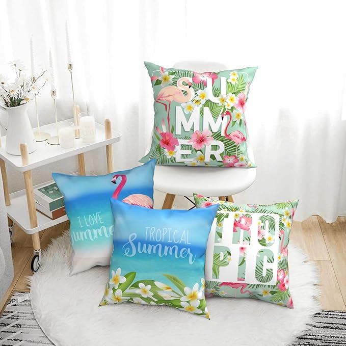 Summer Flamingo Decorative Throw Pillow Covers 18 x 18 Set of 4, Pink Bird Tropical Palm Leaves Flower Porch Patio Pillowcase, Beach and Blue Sky Pattern Cushion Case Decor