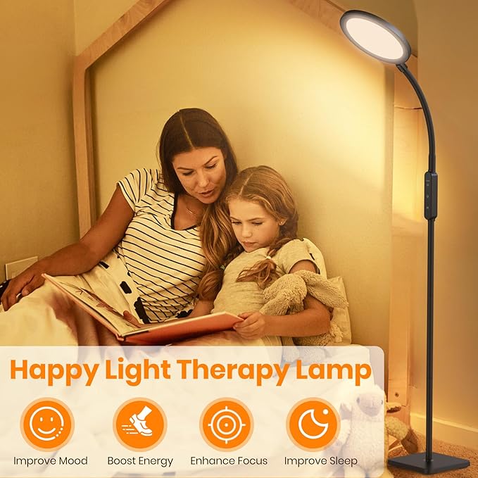 2-in-1 Floor Light Therapy Sun Lamp with Remote – Standing Daylight Lamp with 4 Brightness Levels, 4 Color Temperatures, Timers & Memory, Flexible Gooseneck for Home Office & Reading