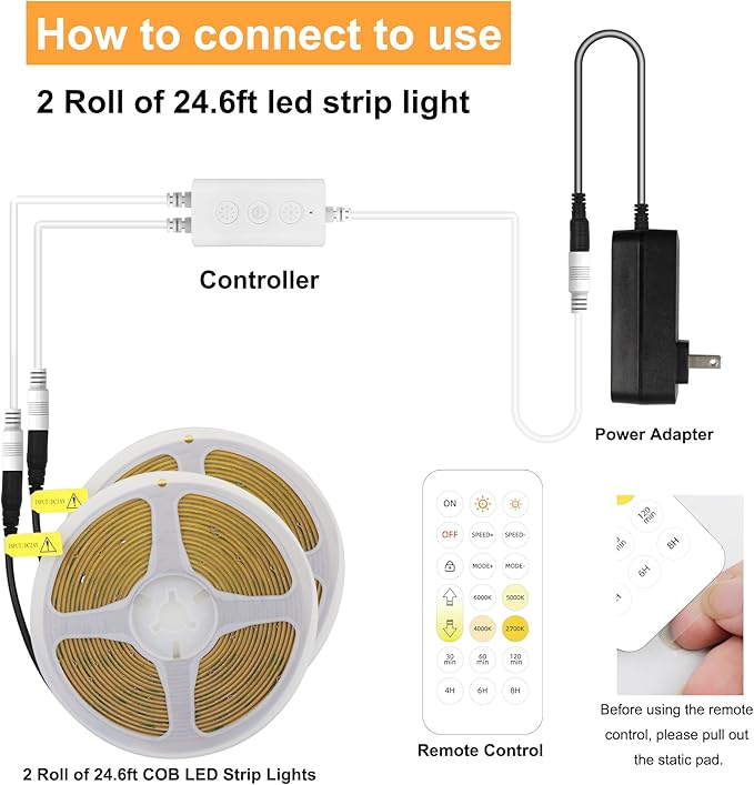 CCT COB LED Strip Lights, 49ft Dimmable 2700K-6500K 24V Tunable White LED Light Strip Kit, High Density CRI 90+ LED Strips with Remote Controller and Power Supply, for Bedroom Kitchen Home Lighting