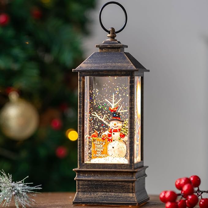10'' Frosty's Tree Farm Snowman Musical Lighted Snow Globe Water Lantern with Swirling Glitter Decoration for Christmas Home, Living Room, Battery Operated or USB Powered
