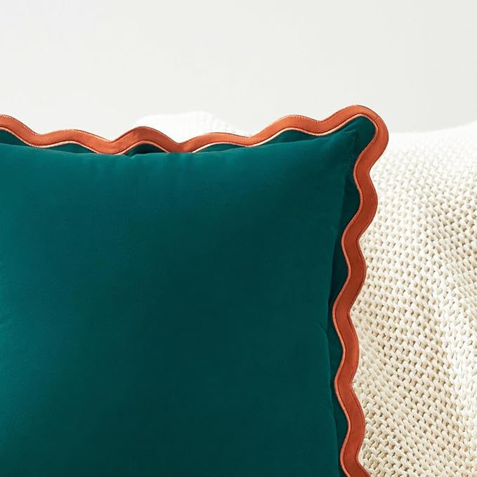 MONDAY MOOSE Decorative Throw Pillow Covers Cushion Cases, Set of 2 Soft Velvet Scalloped Wavy Edge Designs, Mix and Match for Home Decor, Pillow Inserts Not Included (Coral/Dark Teal, 18x18 inch)
