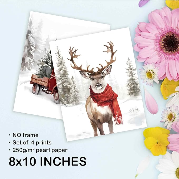 TLESKE Winter Christmas Snowy Woodland Animals Posters Prints Unframed Set of 4, Deer Reindeer Moose Owl with Red Scarf Wall Art Prints Decor for Nursery Bedroom, Christmas Pine Trees Wall Pictures, 8x10 Inches