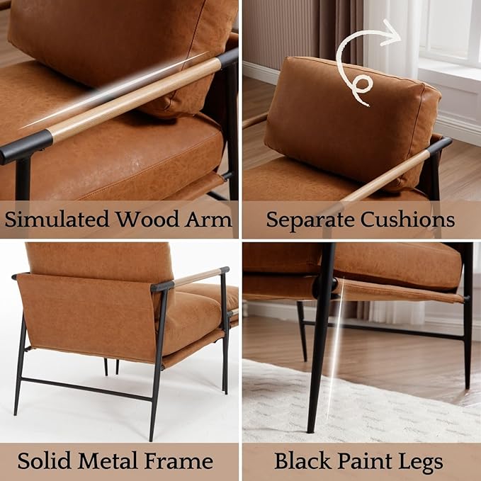 LukeAlon Mid-Century PU Leather Accent Chair, Ultra Soft Living Room Chair with Metal Legs Modern Armchair Upholstered Comfy Leisure Chair for Bedroom Reception Area Reading Room, Brown