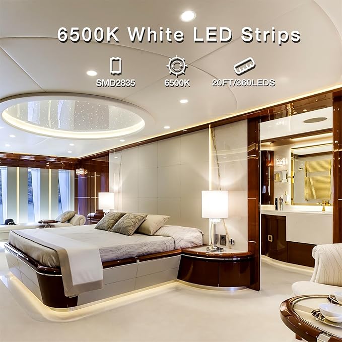 DAYBETTER White LED Strip Light, 20 ft Dimmable Bright Rope Lighting, 6500K 24V Strips, 360 LEDs 2835 Tape Lights for Bedroom, Kitchen, Mirror, Home Decoration(1 Roll)