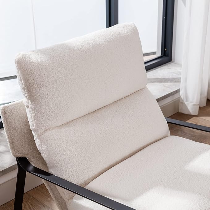 Mid-Century Accent Chair, Comfy Sherpa Fabric Side Chair with Armrest, Upholstered Leisure Chair with Black Metal Frame for Living Room Bedroom Reception Room, White