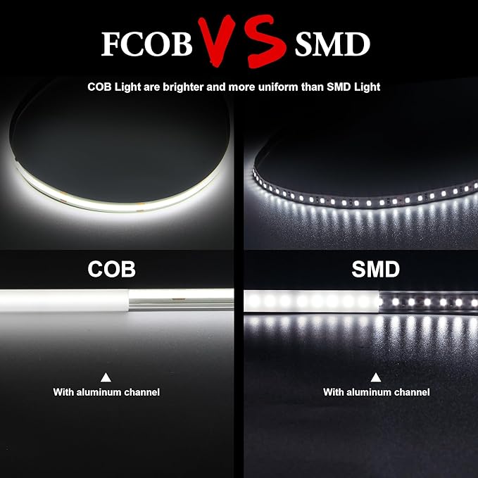 COB LED Strip, White LED Strip Lights 32.8ft, Daylight White 6000K LED Light Dimmable LED Strip, CRI92+, 8mm Width, 24V Flexible COB LED Tape Light for TV, Bedroom, Kitchen Cabinet, Closet.