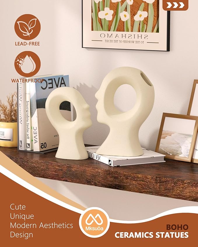 Couple Decorative Statues Set - Boho Style Modern Abstract Sculptures Home Decor, Ceramic Figurines for Living Room Coffee Table, Tv Stand, Mantles, Entryway, Console or Wedding Gifts (Beige White)