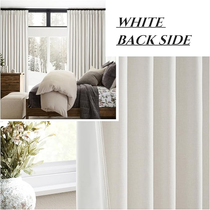 94 Inch Pinch Pleat Living Room Thermal Curtains for Winter, Blackout Thick Linen Boho Curtain for Sliding Glass Doors 2 Panels Set with Hooks Rings Ceiling Track Window Drapes W40"xL94"x2,Birch