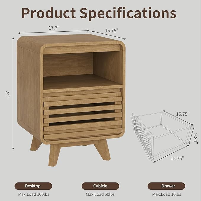 Fluted Night Stand Nightstand with Drawer Storage Grille Bed Side Table End Table Large Modern Wide Bedside Stand Tall Night Stands for Bedroom Living Room Sofa Couch Home Office, Natural Oak