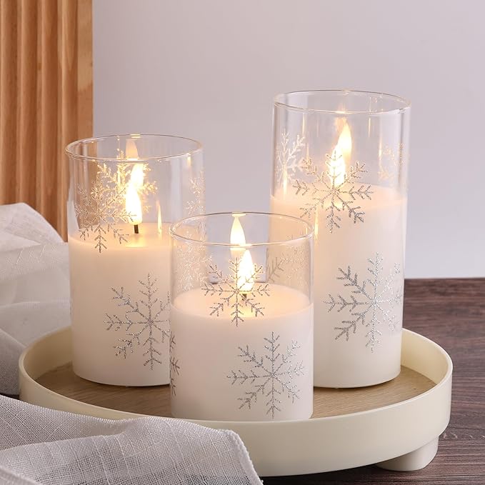 Clear Snowflakes Christmas Flameless Candles with Remote, Flickering Battery LED Pillar Candles Set of 3