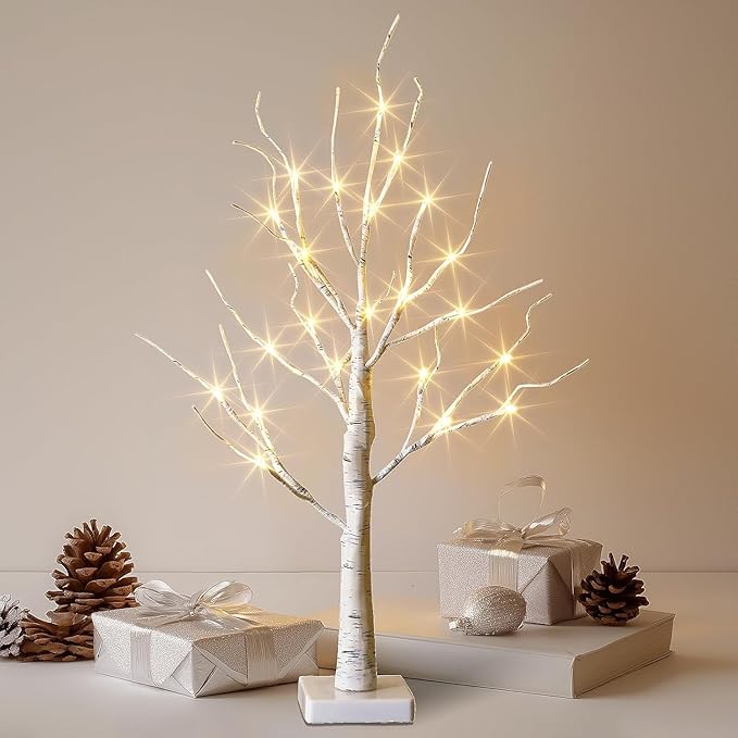 EAMBRITE Lighted Birch Tree Christmas Decorations for Home, White Birch Tree with Lights, 24 LED Lighted Mini Money Tree Twig Tree Battery Operated with Timer, Indoor Table Centerpiece Decor (2FT)