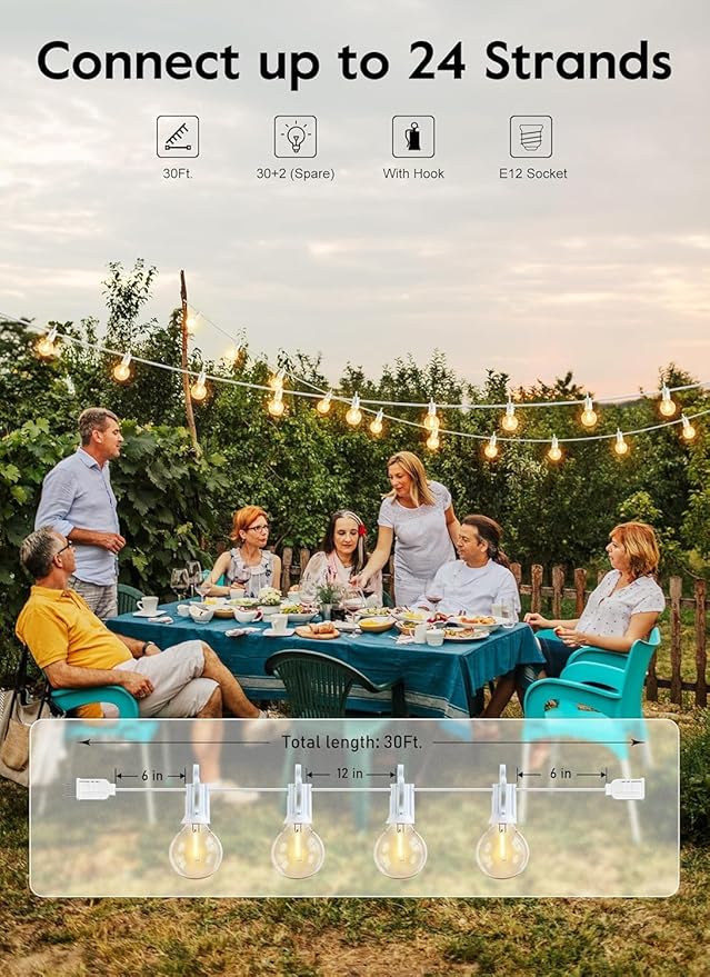 30 FT Outdoor String Lights - Commercial Globe Patio Lights with 30 G40 LED Shatterproof Bulbs, Waterproof Connectable Hanging Light for Backyard Bistro Porch Cafe Deck